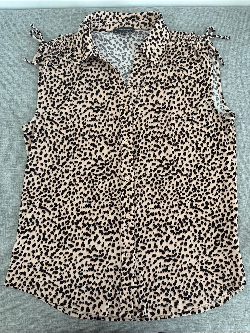 Adrianna Papell Beige and Black Leopard Print Sleeveless Button-Down Top - Picture 3 of 12